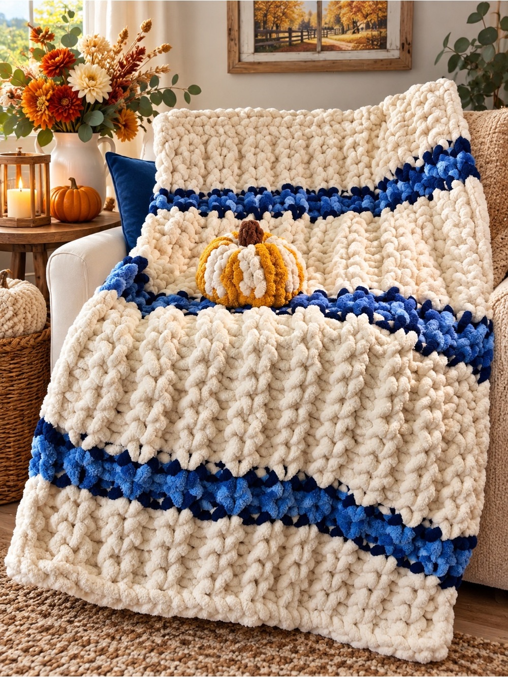 Hand Crafted Cream Throw with Blue Stripe Accents